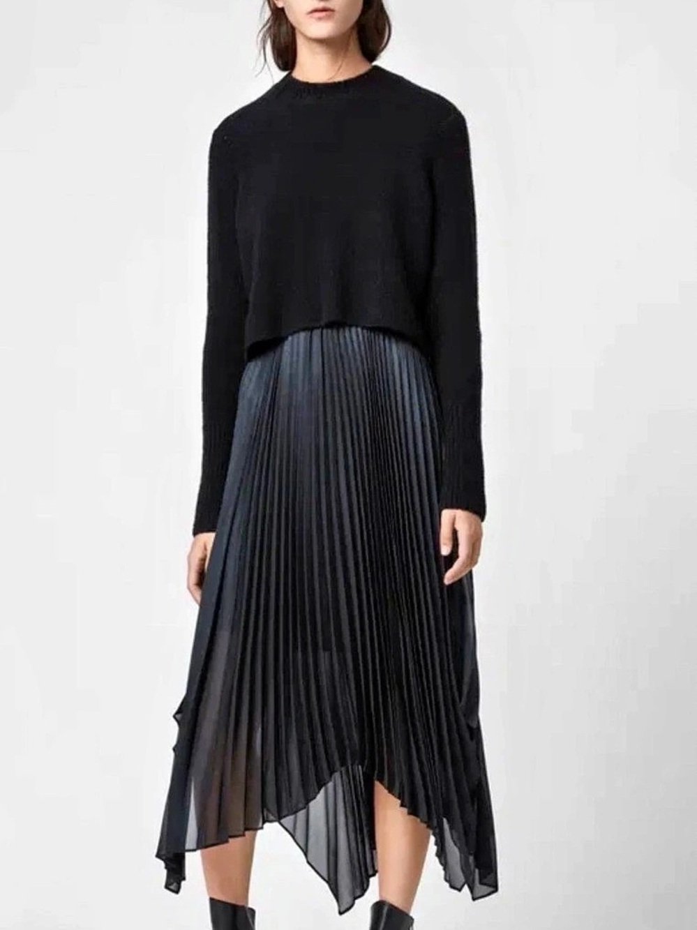 AllSaints Black Pleated Midi Dress Like New